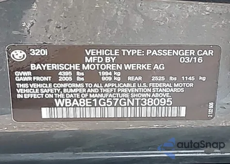 2016 BMW 320I z USA, uszkodzony, nr VIN WBA8E1G57GNT38095